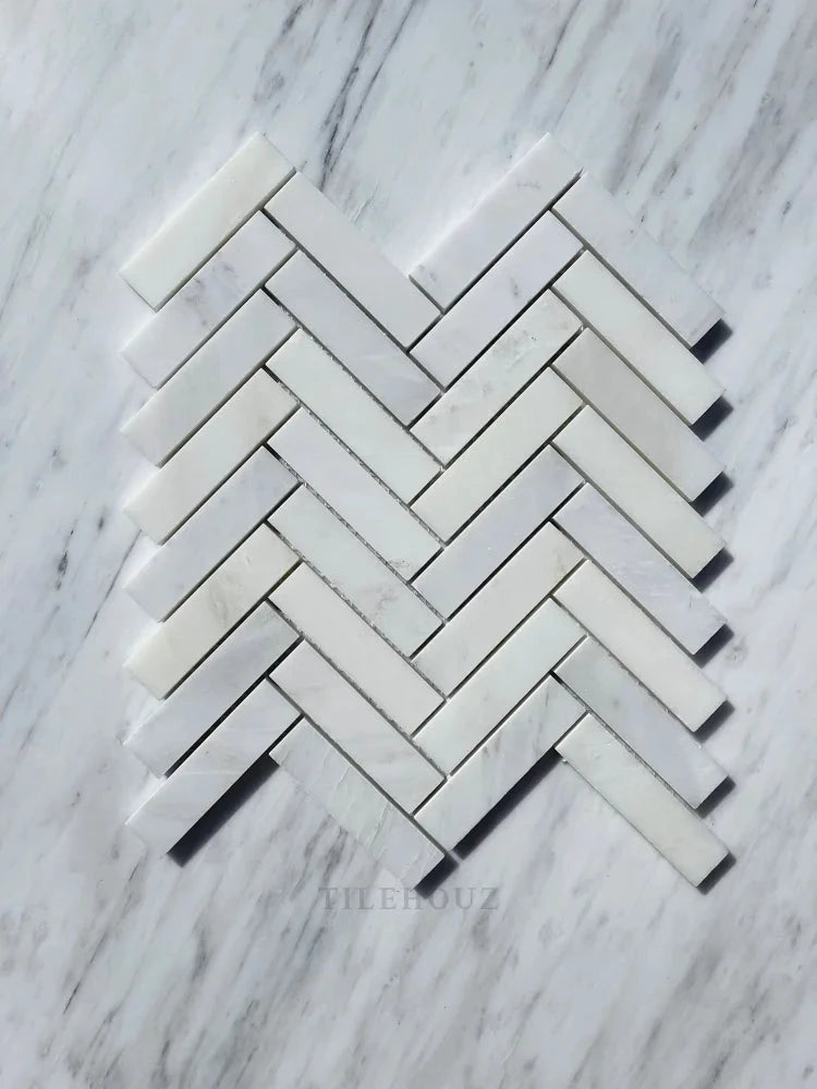 Asian Statuary 1x4 herringbone marble mosaic tile, white, polished &amp; honed, Tilehouz.