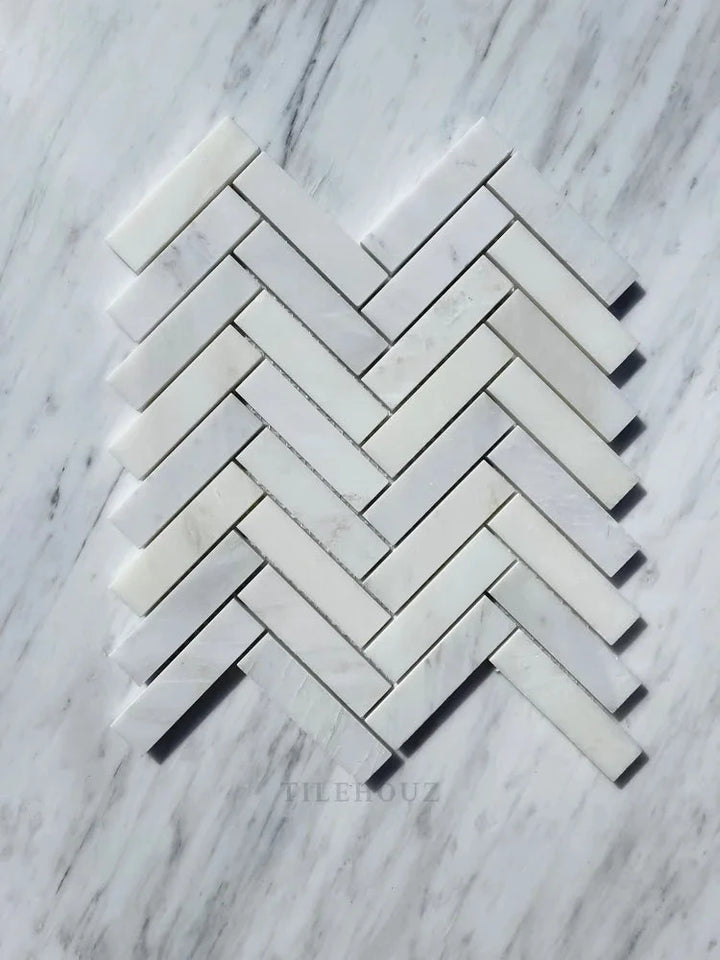 Asian Statuary 1x4 herringbone marble mosaic tile, white, polished &amp; honed, Tilehouz.
