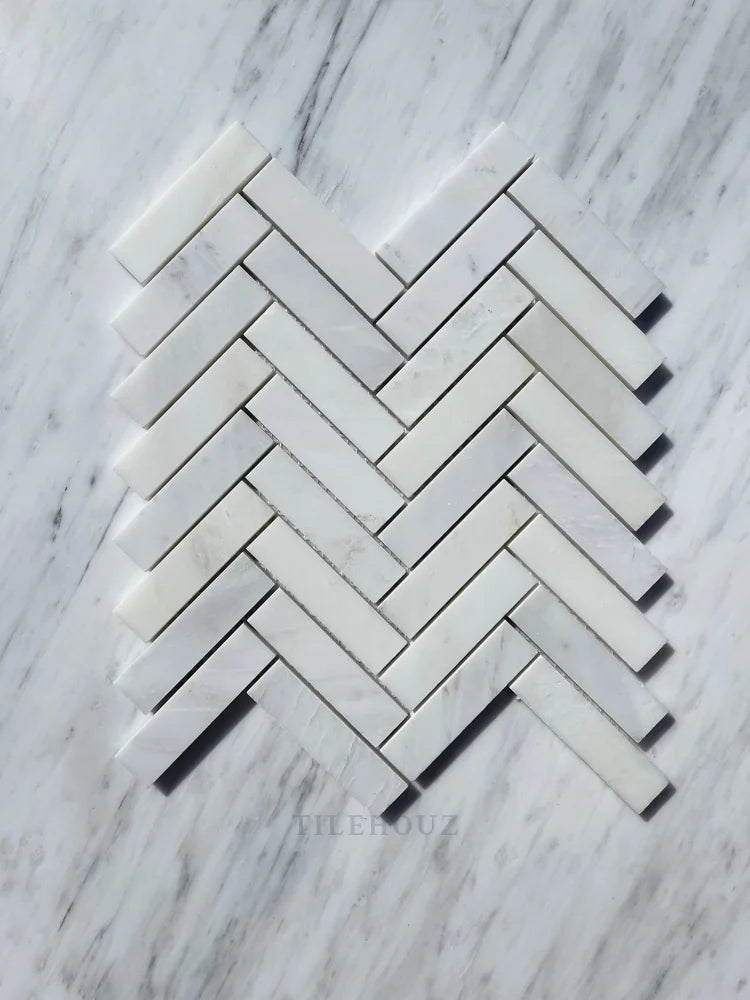 Asian Statuary White 1X4 Herringbone Mosaic Polished&Honed Marble