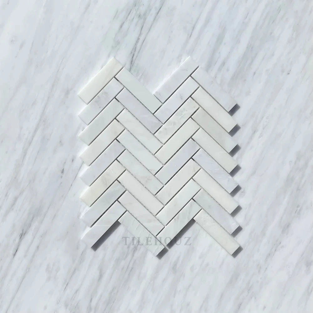 Asian Statuary White 1x4 herringbone marble mosaic tile, polished and honed, Tilehouz