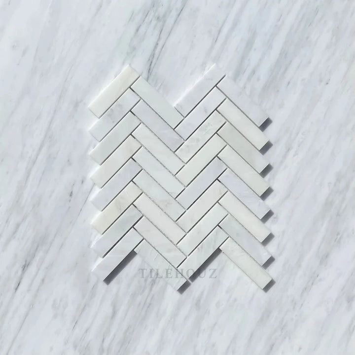 Asian Statuary White 1x4 herringbone marble mosaic tile, polished and honed, Tilehouz