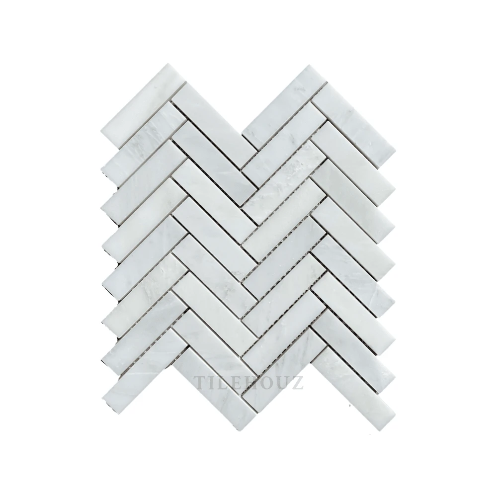 Asian Statuary 1x4 Herringbone Marble Mosaic tile, polished &amp; honed, Tilehouz wall &amp; ceiling tile