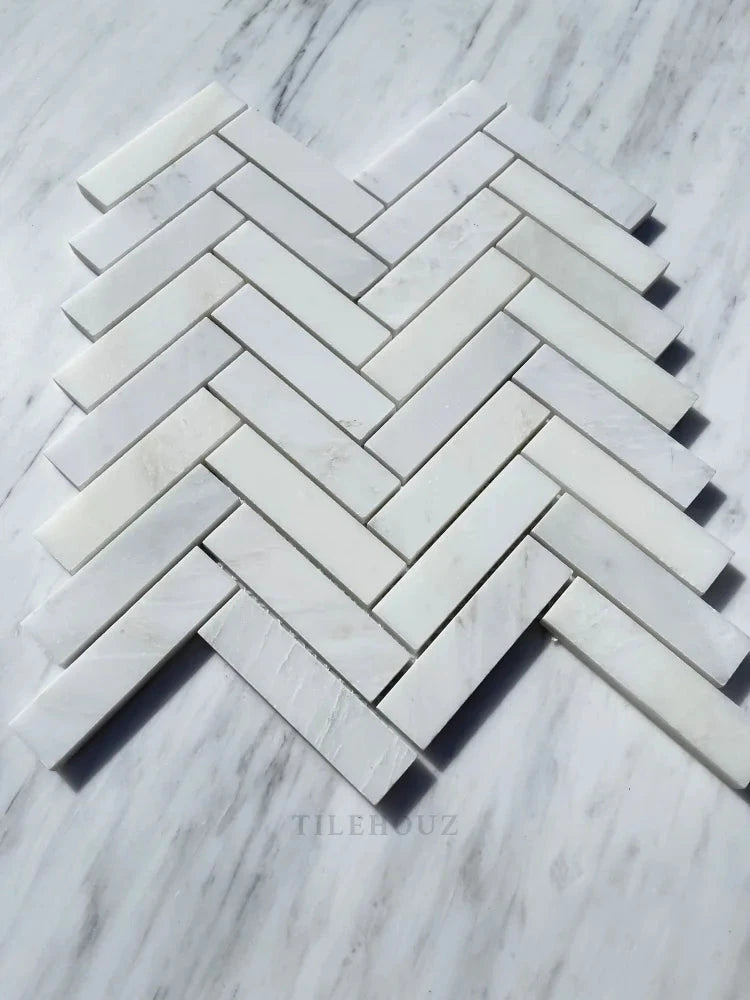 Asian Statuary 1x4 Herringbone Marble Mosaic, polished &amp; honed, white with gray veining, Tilehouz wall tile