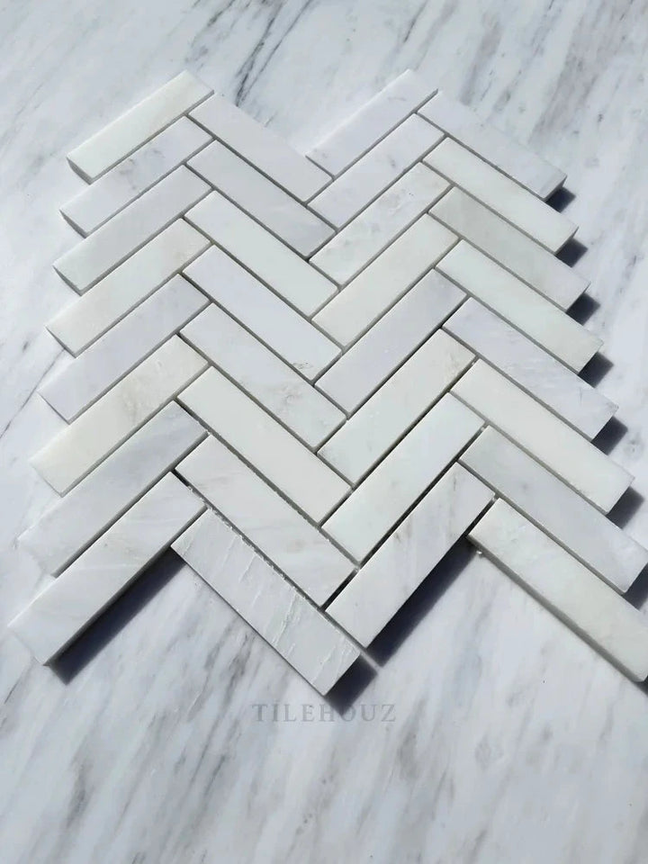 Asian Statuary 1x4 Herringbone Marble Mosaic, polished &amp; honed, white with gray veining, Tilehouz wall tile