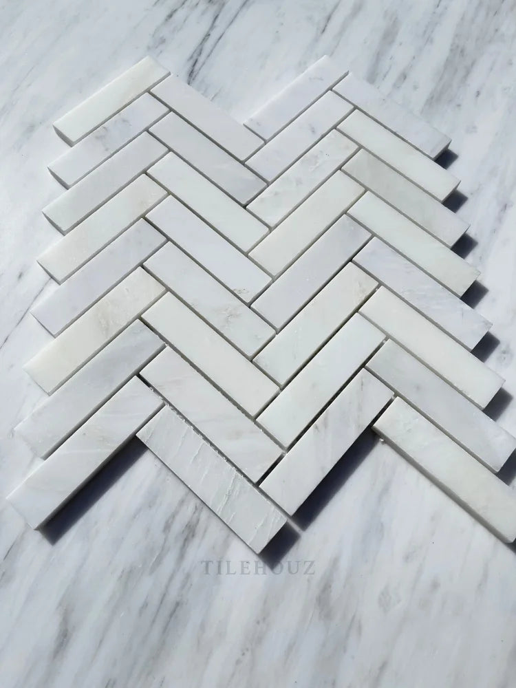 Asian Statuary White 1X4 Herringbone Mosaic Polished&Honed Marble