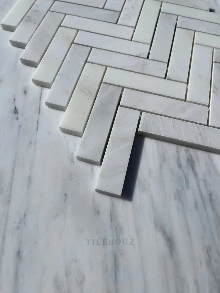Asian Statuary 1x4 Herringbone Mosaic Marble Tile, white, polished &amp; honed, Tilehouz