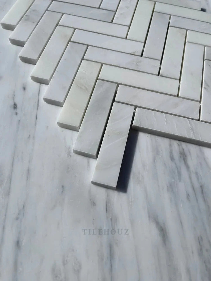 Asian Statuary 1x4 Herringbone Mosaic Marble Tile, white, polished &amp; honed, Tilehouz