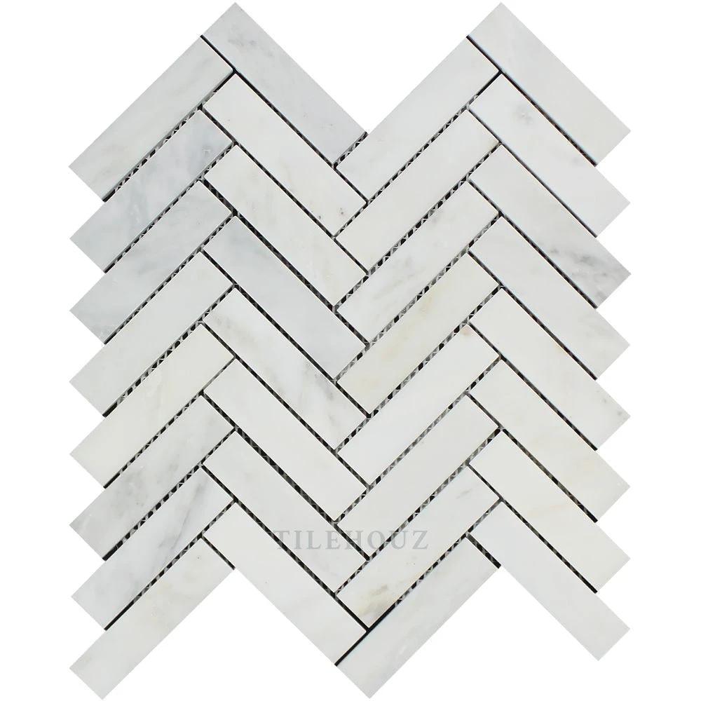 Marble Asian Statuary 1x4 herringbone mosaic sheet, white-gray marble, polished and honed Tilehouz
