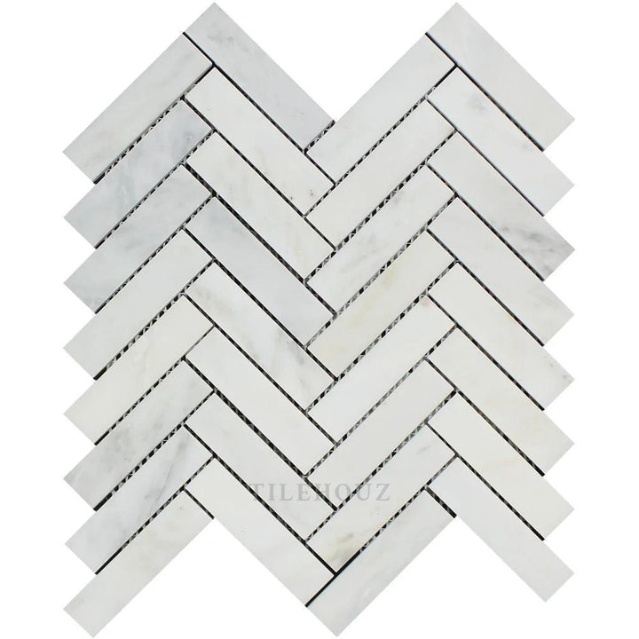 Marble Asian Statuary 1x4 herringbone mosaic sheet, white-gray marble, polished and honed Tilehouz