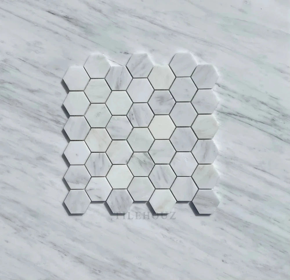 Asian Statuary 2-inch hexagon marble mosaic tile by Tilehouz, polished & honed, white with gray veining