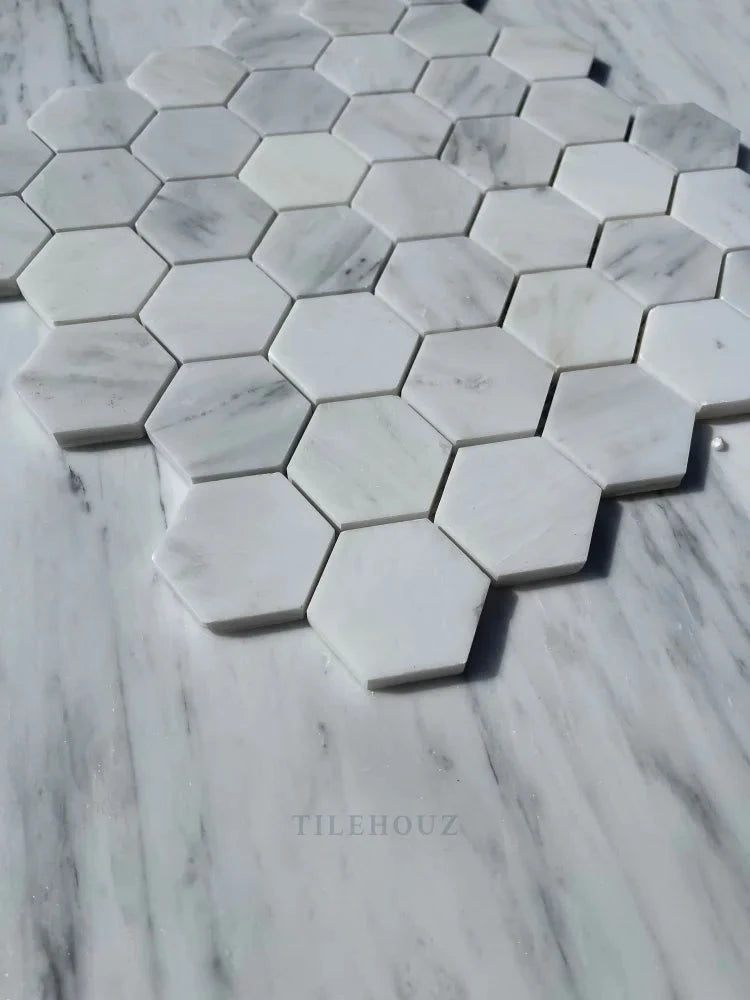 Asian Statuary 2-inch hexagon marble mosaic tile by Tilehouz, white polished and honed for walls and ceilings