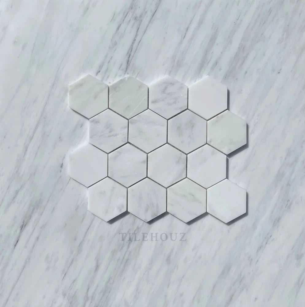 Asian Statuary 3-inch hexagon mosaic marble tile by Tilehouz; polished and honed white statuary marble hex tiles