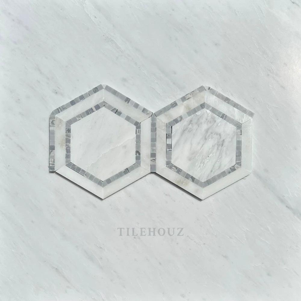 Asian Statuary 5in combo hexagon marble mosaic tile with Bardiglio blue-gray dot border, two pieces, Tilehouz