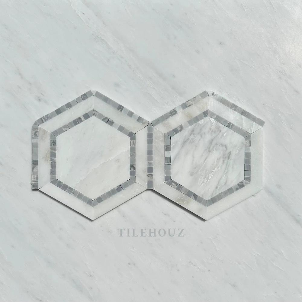 Asian Statuary marble hexagon mosaic set, Bardiglio blue-gray dots, polished and honed, 2-piece by Tilehouz