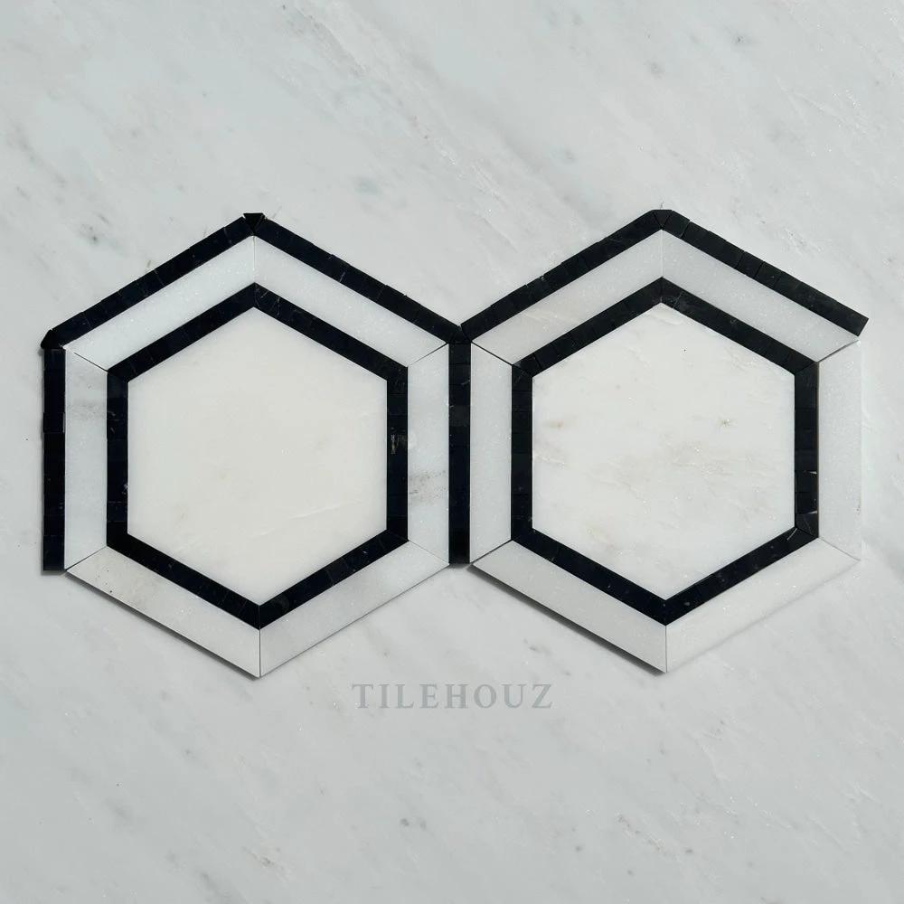 Tilehouz Asian Statuary 5in hexagon mosaic marble with black dots, polished & honed; 2-piece set