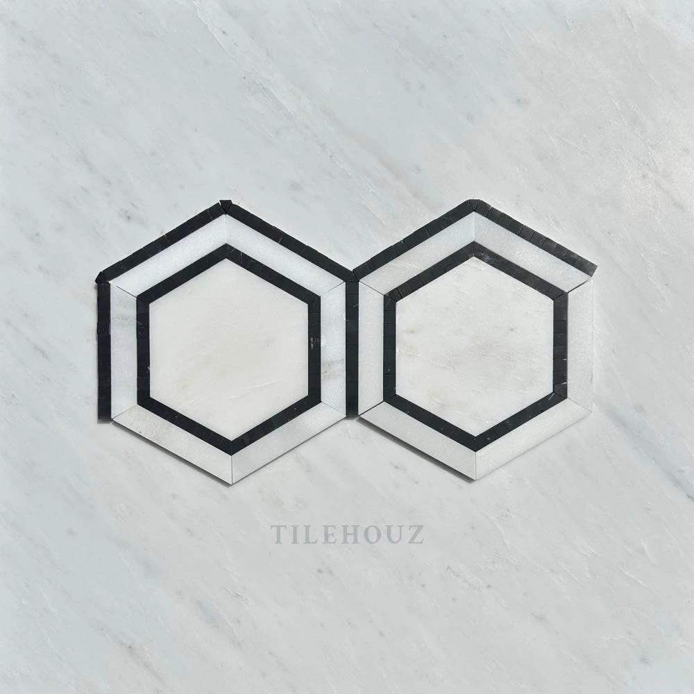 Tilehouz Asian Statuary 5in hexagon mosaic tiles, marble with black trim, polished and honed, 2-pack