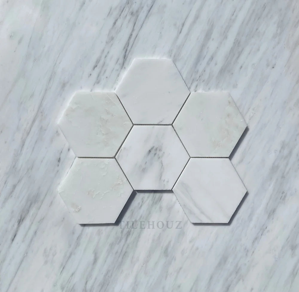 Asian Statuary 5in hexagon marble mosaic tile, white/gray polished and honed, Tilehouz wall & ceiling tile (1 sheet)