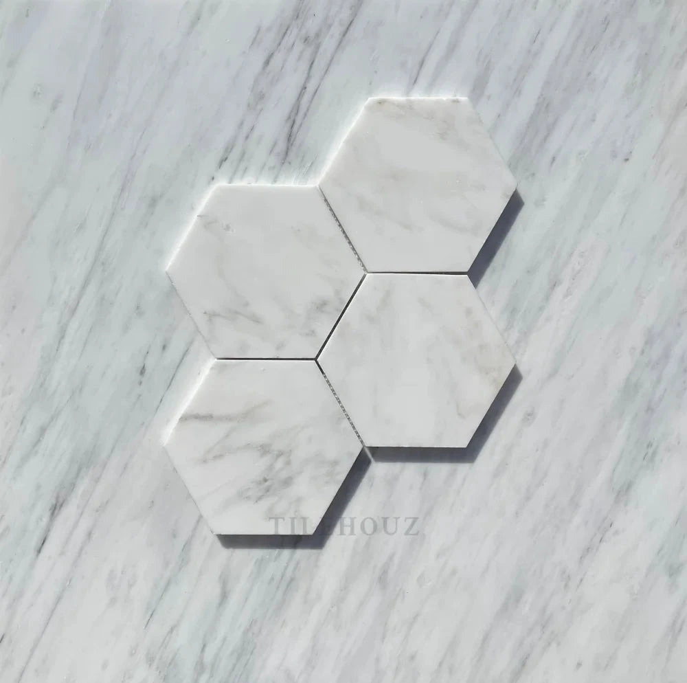 Tilehouz Asian Statuary 6in hexagon marble mosaic sheet, white with gray veining, polished & honed finish