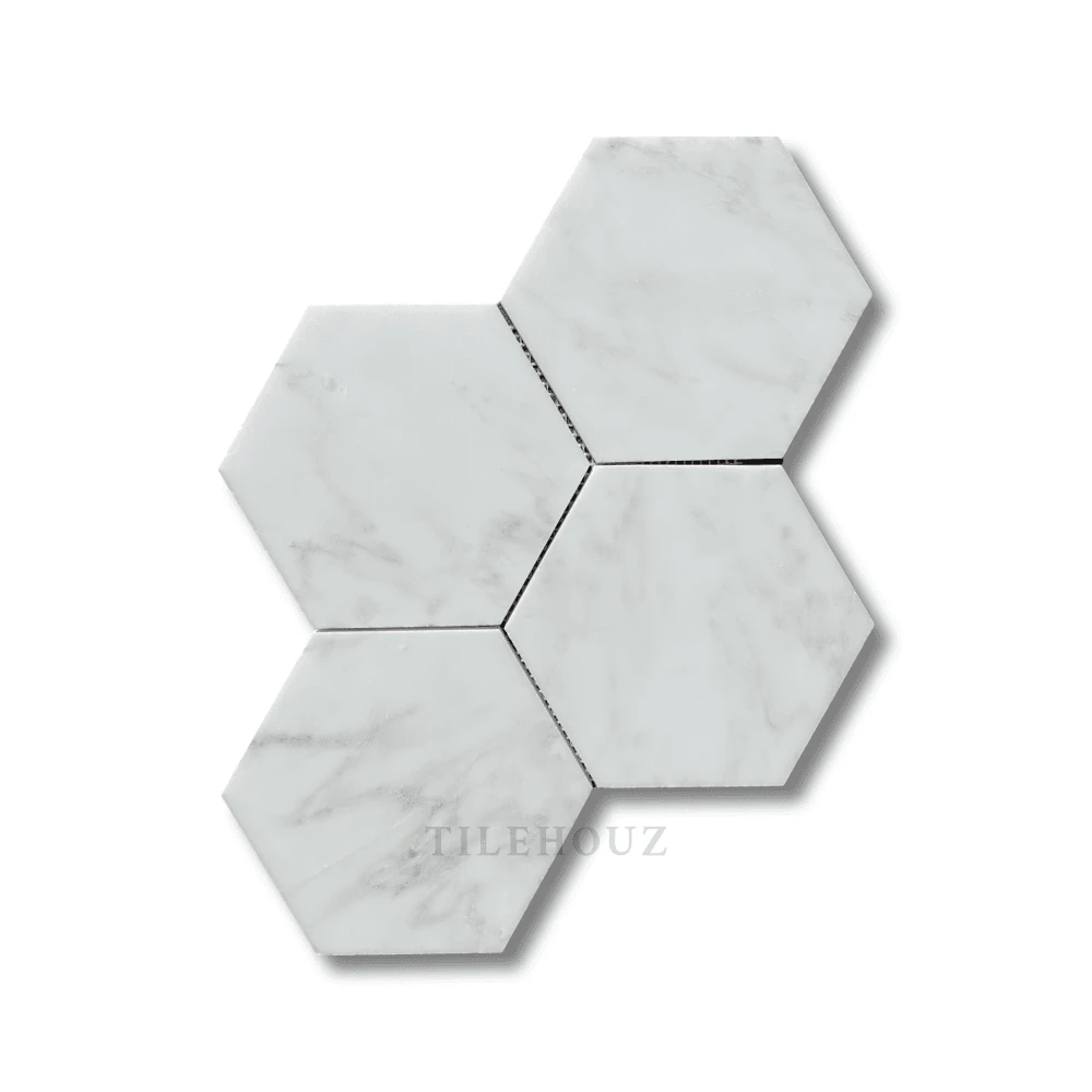 Asian Statuary 6in hexagon marble mosaic sheet by Tilehouz, polished and honed white veined tiles