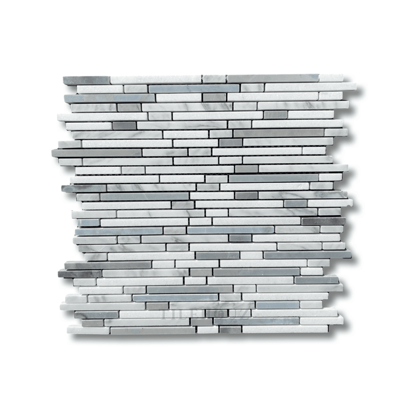 Asian Statuary White Bamboo Sticks Mosaic W/Thassos + Bardiglio Polished&Honed