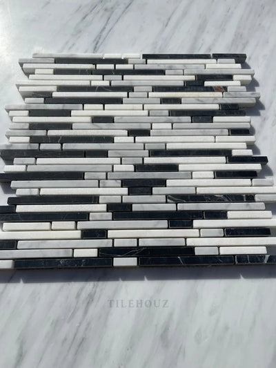 Asian Statuary White Bamboo Sticks Mosaic W/Thassos + Black Polished&Honed Marble