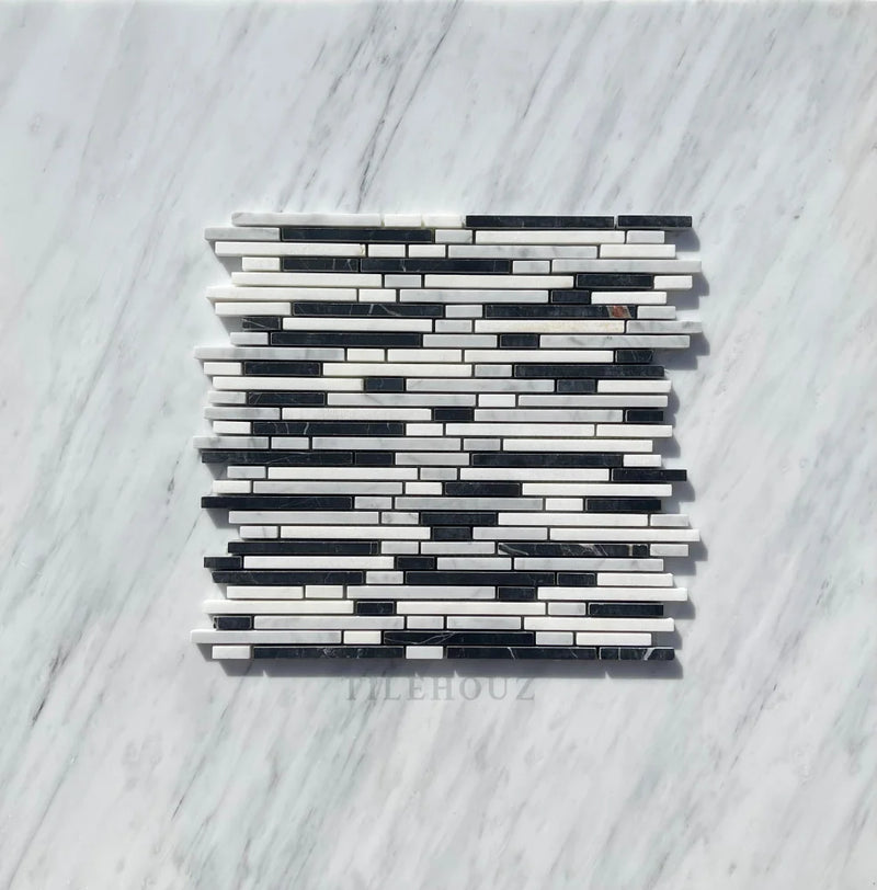 Asian Statuary White Bamboo Sticks Mosaic W/Thassos + Black Polished&Honed Marble