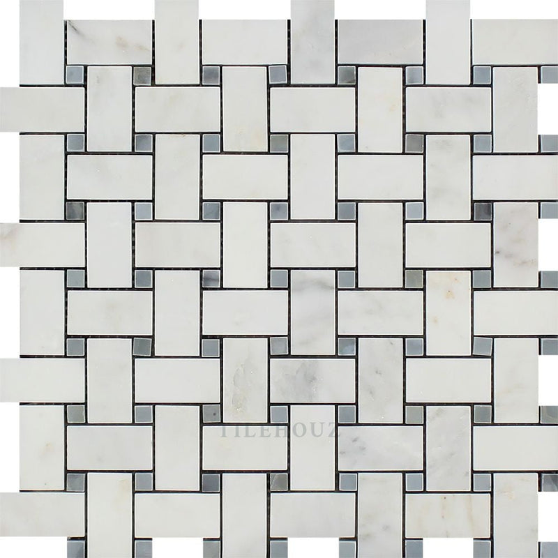 Asian Statuary Polished/honed Basketweave Mosaic Tile W/ Bardiglio/blue-Gray Dots Tiles