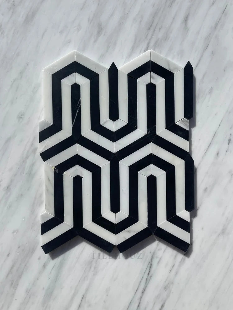 Asian Statuary Berlinetta Mosaic W/Black Polished&Honed Marble