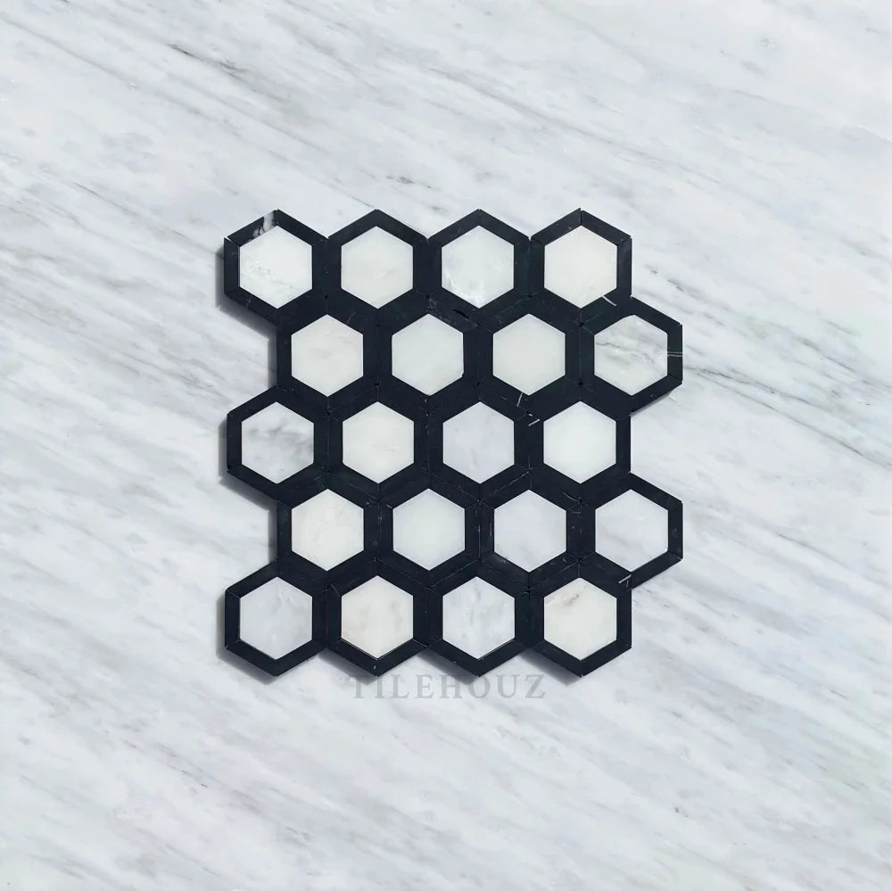 Tilehouz Asian Statuary Marble vortex hexagon mosaic with black border, polished and honed 2.5x2.5 sheet
