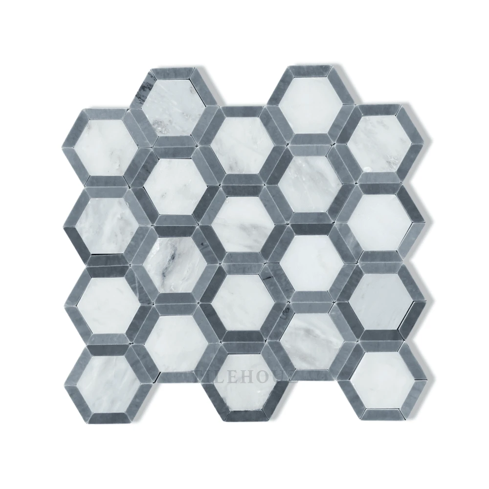 Asian Statuary Marble vortex hexagon mosaic tile with Bardiglio border, polished & honed