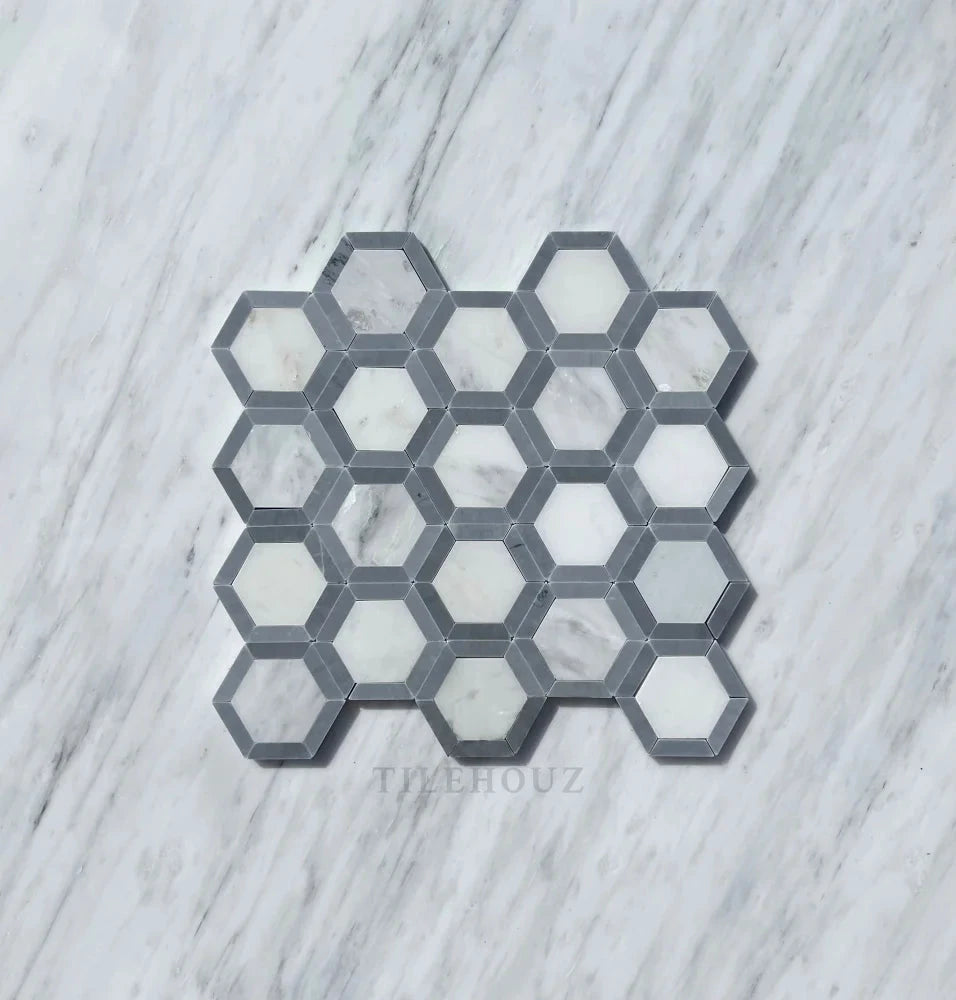 Marble vortex hexagon mosaic with gray Bardiglio border; polished and honed finish - Tilehouz