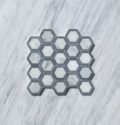 Asian Statuary Vortex Hexagon Mosaic W/Bardiglio Border Polished&Honed Marble