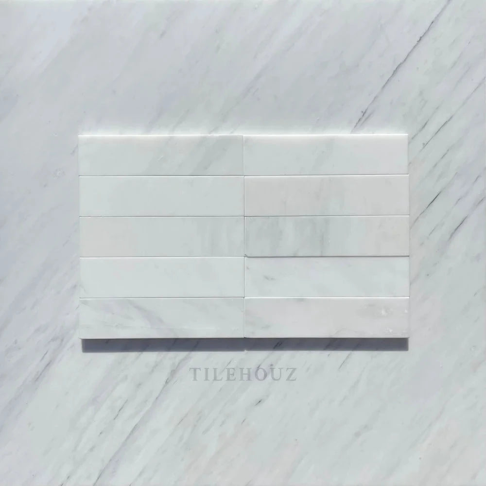 Asian Statuary Marble 2x8 tile sheet, white with gray veining, polished & honed by Tilehouz