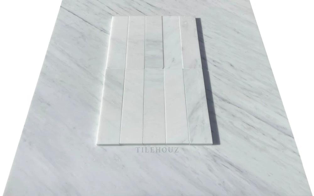 Tilehouz Asian Statuary Marble 2x8 tile sheet, white with gray veining, polished and honed finish.
