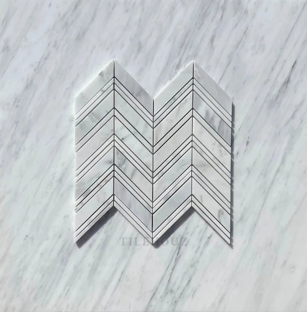 Asian Statuary marble chevron mosaic tile by Tilehouz; polished and honed white marble with grey veining