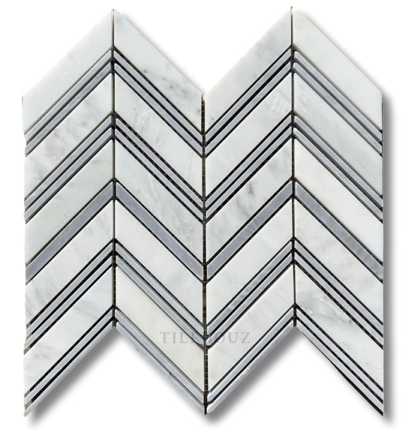 Asian Statuary White Chevron Mosaic W/Bardiglio Strips Polished&Honed