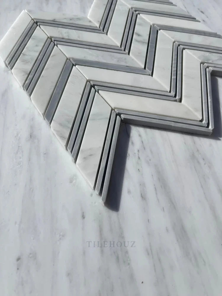 Marble Asian Statuary Chevron Mosaic wall tile with Bardiglio strips, polished & honed by Tilehouz