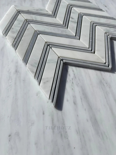 Asian Statuary Chevron Mosaic W/Bardiglio Strips Polished&Honed Marble