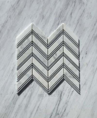 Asian Statuary Chevron Mosaic W/Bardiglio Strips Polished&Honed Marble