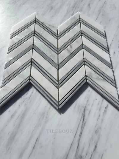 Asian Statuary Chevron Mosaic W/Bardiglio Strips Polished&Honed Marble