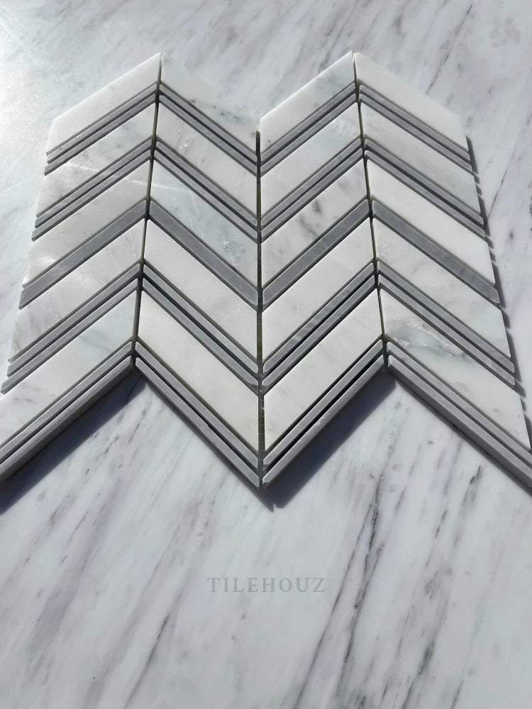 Asian Statuary Chevron Mosaic W/Bardiglio Strips Polished&Honed Marble