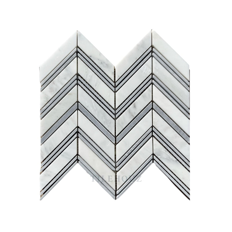 Asian Statuary White Chevron Mosaic W/Bardiglio Strips Polished&Honed