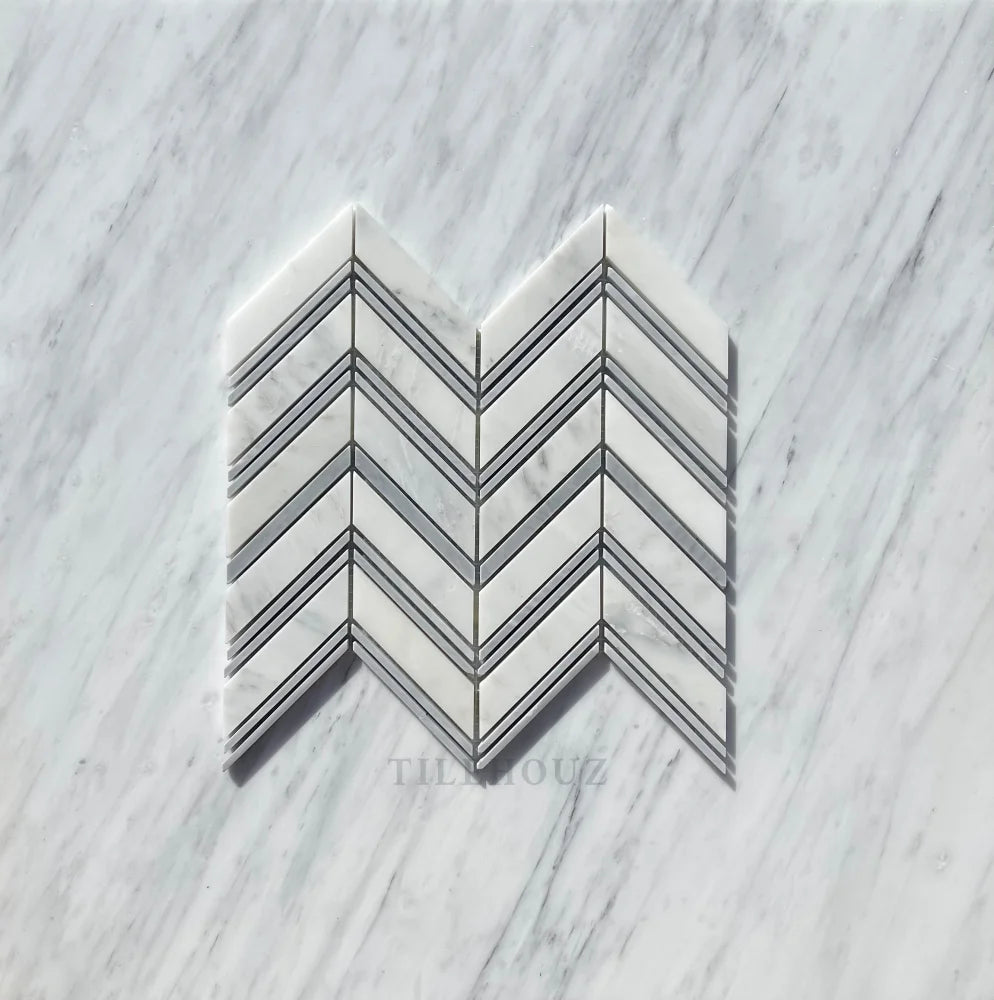 Marble chevron mosaic tile, Asian Statuary with Bardiglio strips, by Tilehouz, polished and honed finish