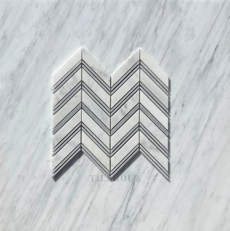 Asian Statuary Chevron Mosaic W/Bardiglio Strips Polished&Honed Marble