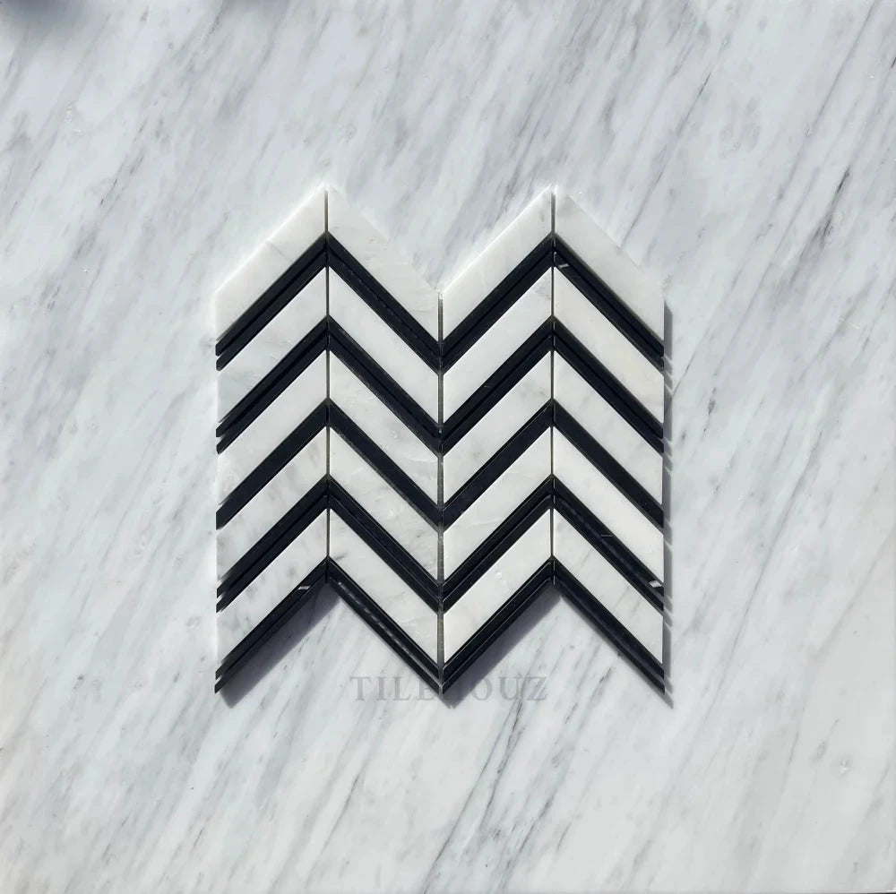 Asian Statuary white marble chevron mosaic with black strips; polished & honed wall & ceiling tile by Tilehouz