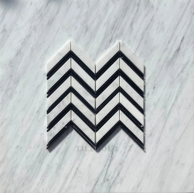 Asian Statuary Chevron Mosaic W/Black Strips Polished&Honed Marble