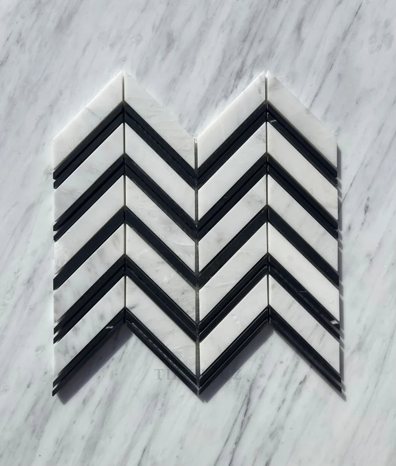 Asian Statuary Chevron Mosaic W/Black Strips Polished&Honed Marble