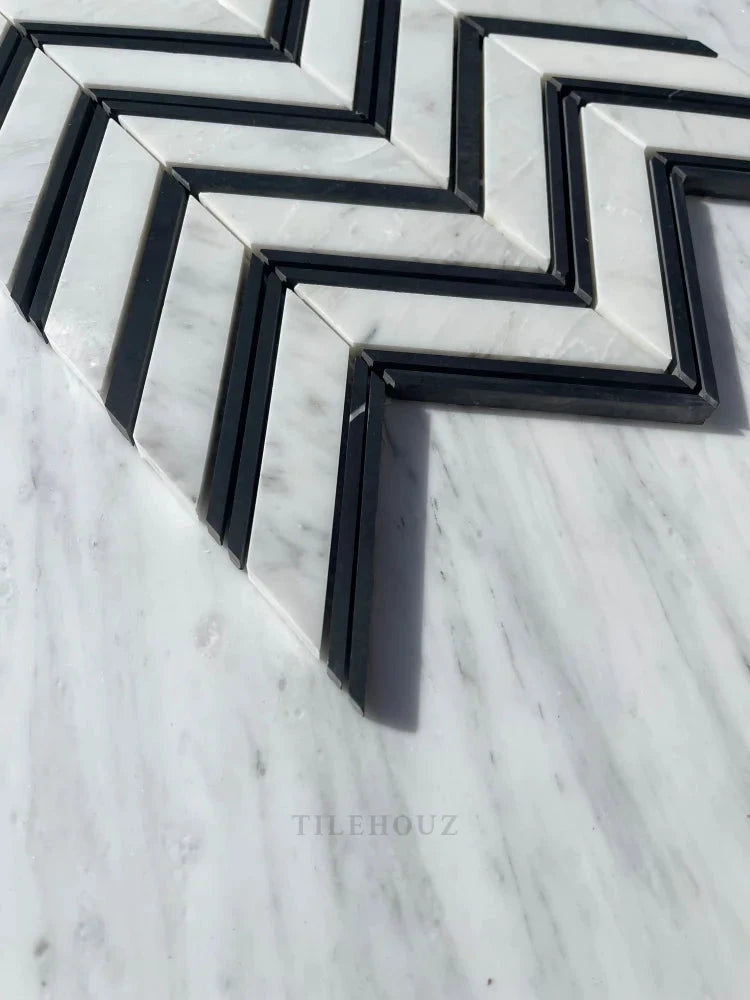 Asian Statuary marble chevron mosaic with black strips, polished & honed, Tilehouz wall & ceiling tile