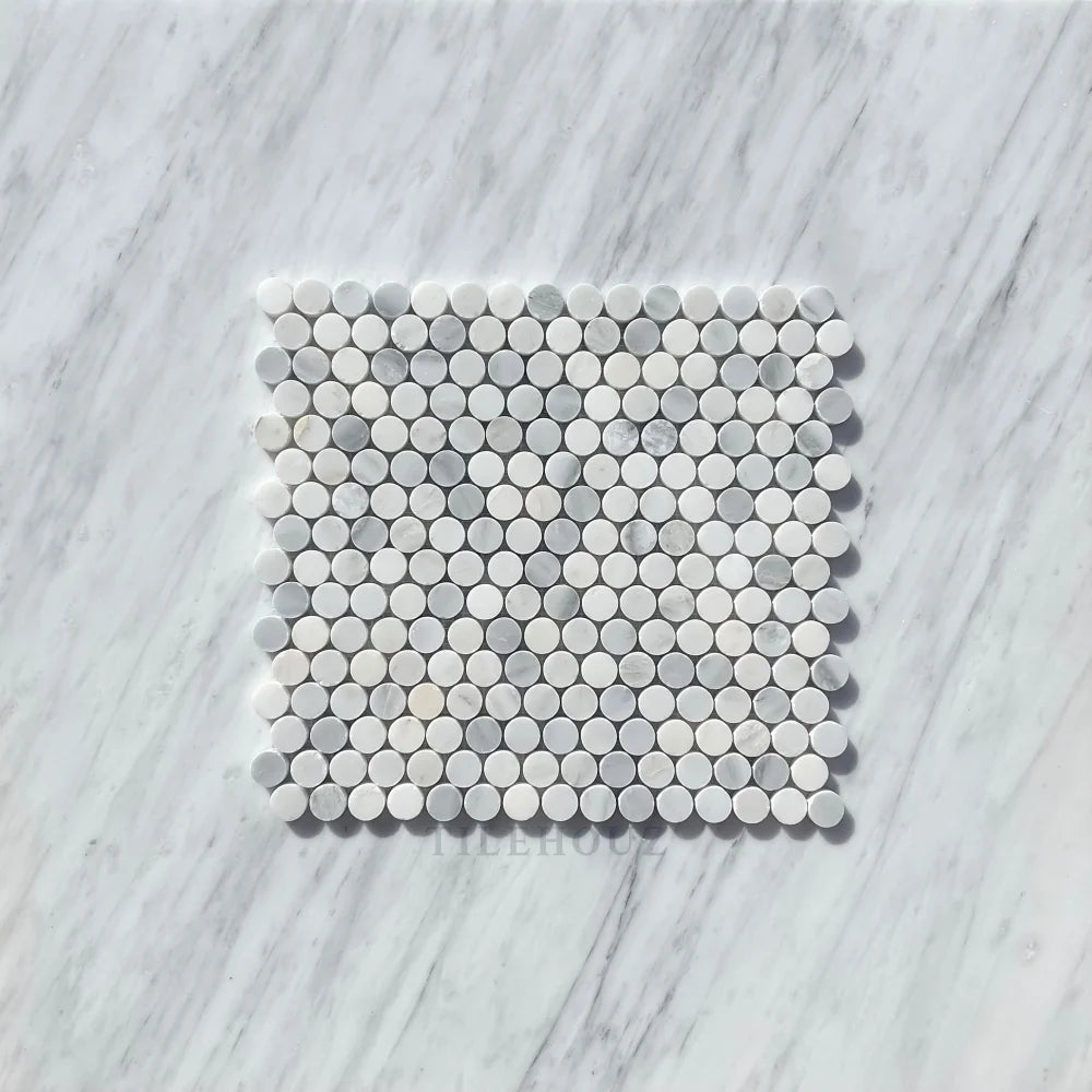 Asian Statuary Marble Penny Round Mosaic Tile by Tilehouz, polished & honed white-gray rounds for wall applications