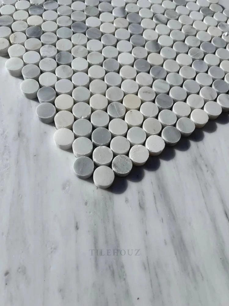 Marble penny-round mosaic sheet by Tilehouz, gray-and-white, polished & honed finish